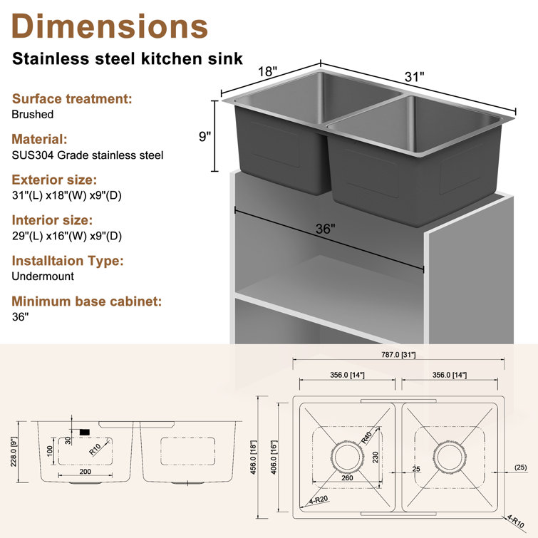 31'' Brushed Stainless Steel Double Bowl Undermount Kitchen Sink