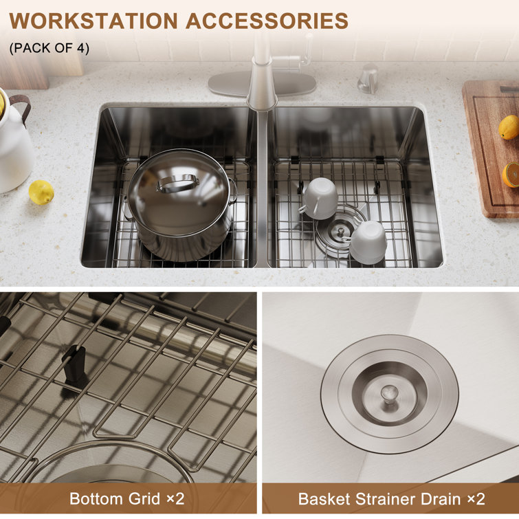 31'' Brushed Stainless Steel Double Bowl Undermount Kitchen Sink