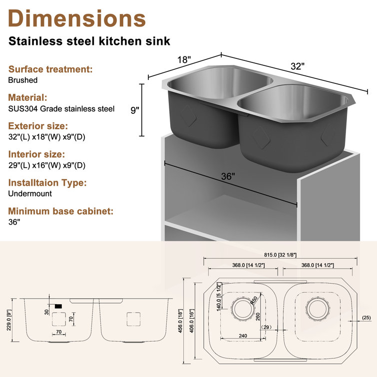 32'' Stainless Steel Double Bowl Undermount Kitchen Sink