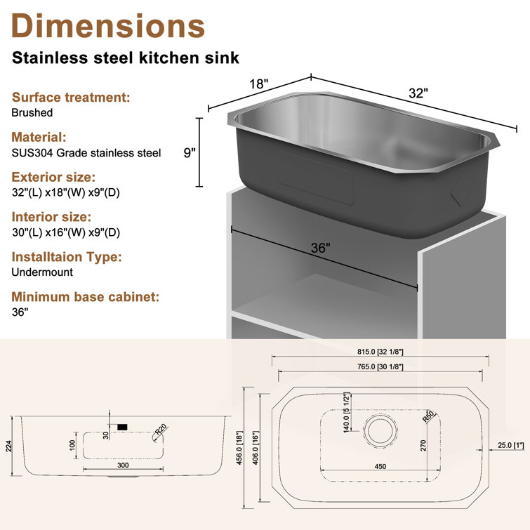 32'' Brushed Stainless Steel Undermount Single Bowl Kitchen Sink