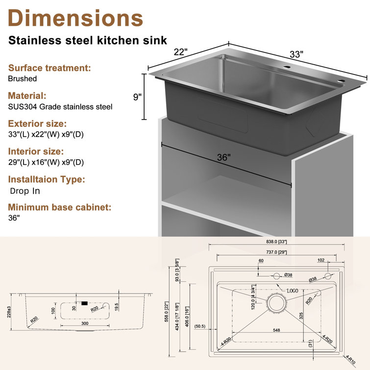 33'' Brushed Stainless Steel Single Bowl Kitchen Sink with Accessories