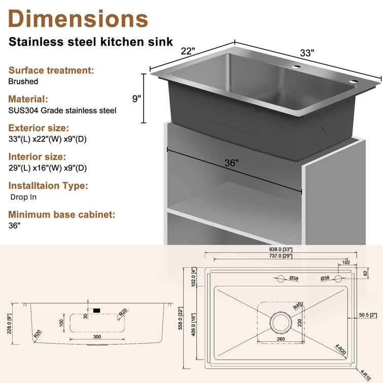 33'' Stainless Steel Drop-In Single Bowl Kitchen Sink
