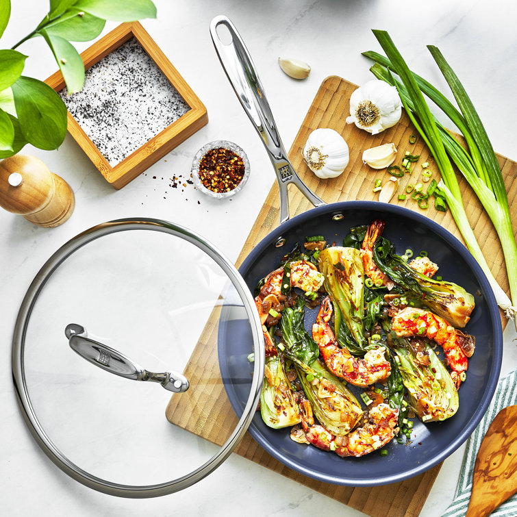 9.5-inch Silver Stainless Steel Ceramic Nonstick Fry Pan with Glass Lid
