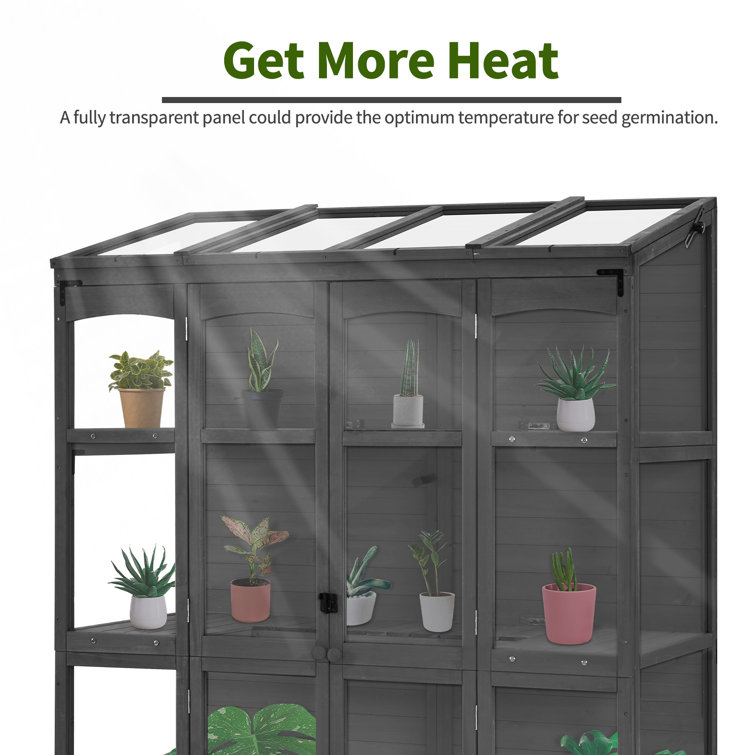 Dark Gray Fir Wood Walk-In Greenhouse with Openable Roof