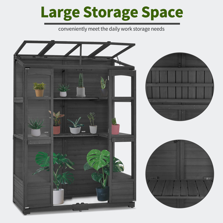Dark Gray Fir Wood Walk-In Greenhouse with Openable Roof