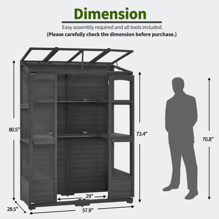 Dark Gray Fir Wood Walk-In Greenhouse with Openable Roof