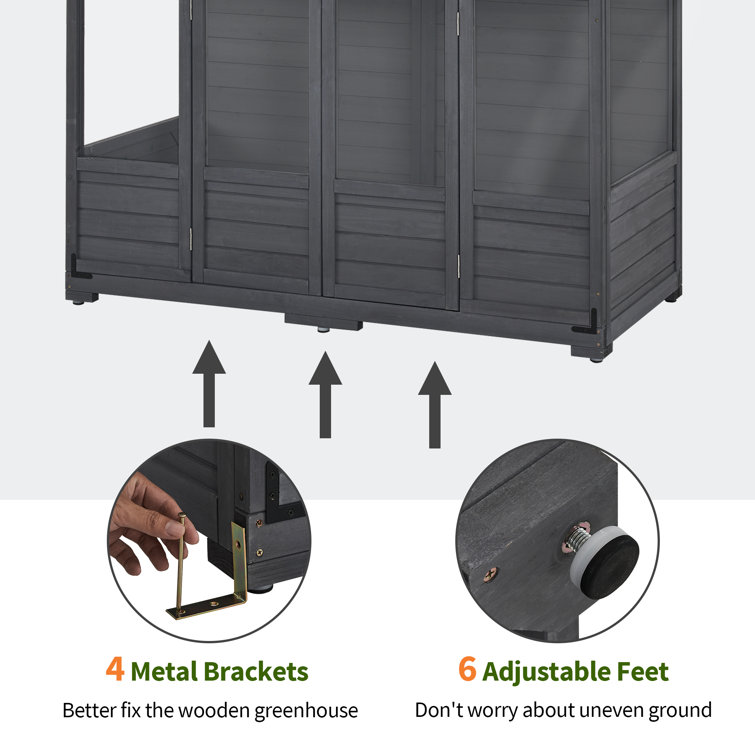 Dark Gray Fir Wood Walk-In Greenhouse with Openable Roof