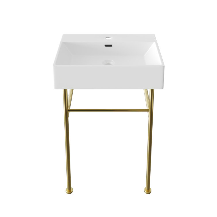 White Ceramic Rectangular Console Sink with Gold Legs