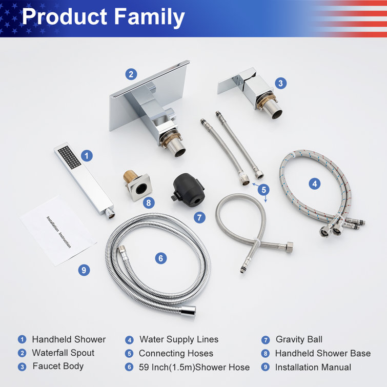 Chrome Single Handle Wall Waterfall Tub Faucet with Diverter