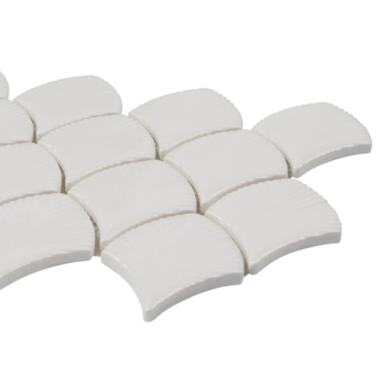 Blanco White Glossy Glass Fishscale Mosaic Wall Tile Sheet