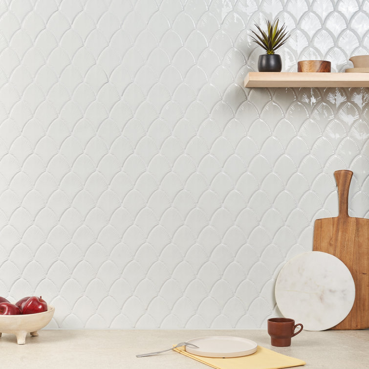 Blanco White Glossy Glass Fishscale Mosaic Wall Tile Sheet