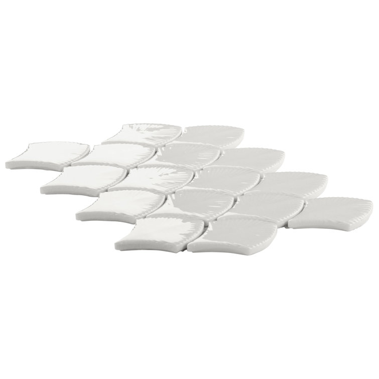 Blanco White Glossy Glass Fishscale Mosaic Wall Tile Sheet