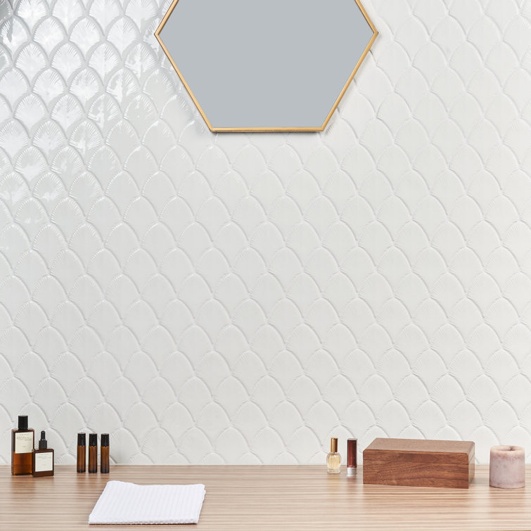 Blanco White Glossy Glass Fishscale Mosaic Wall Tile Sheet
