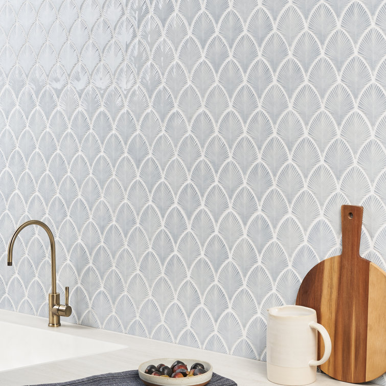 Sky Blue Polished Glass Fishscale Mosaic Wall Tile 9x12