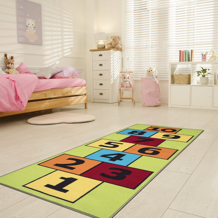 Green Educational Hopscotch Non-Slip Kids Runner Rug