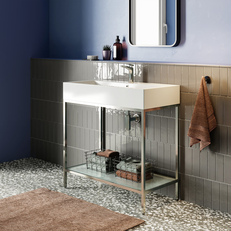 Pierre 32" Chrome Metal Frame Freestanding Bathroom Vanity with White Ceramic Top