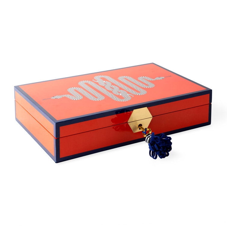 Orange and Navy Wood and Brass Locking Jewelry Box