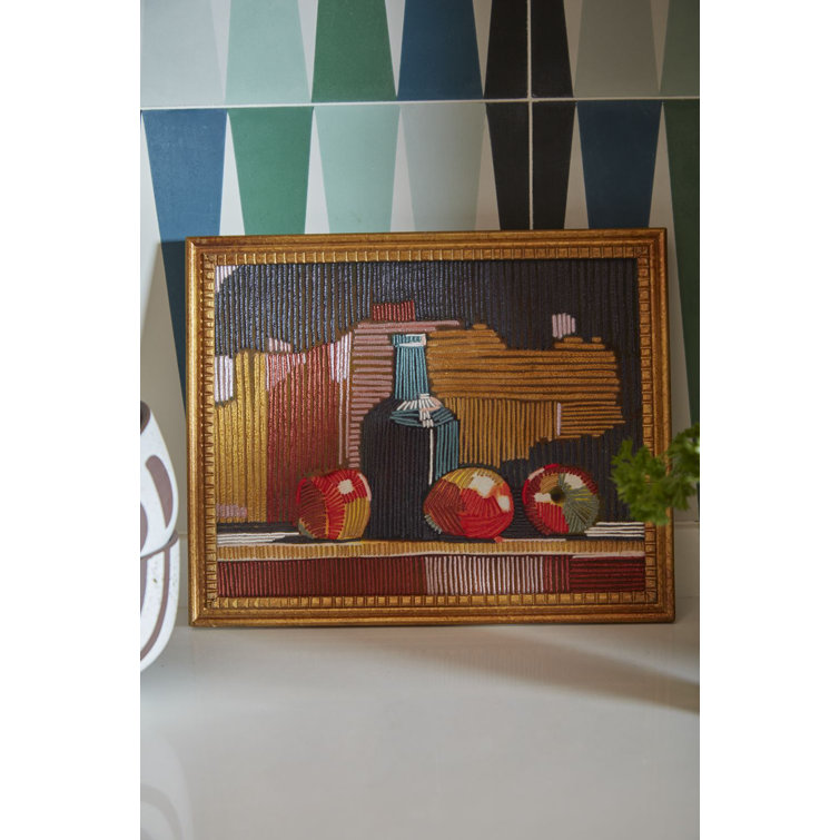 Embroidered Still-Life Wine Bottle and Fruit Print in Wooden Frame