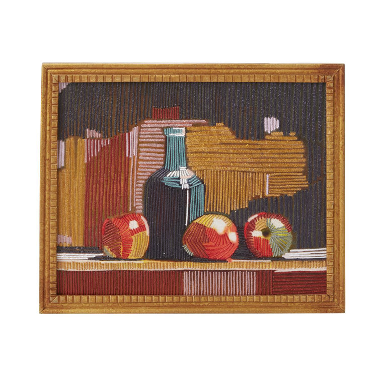 Embroidered Still-Life Wine Bottle and Fruit Print in Wooden Frame