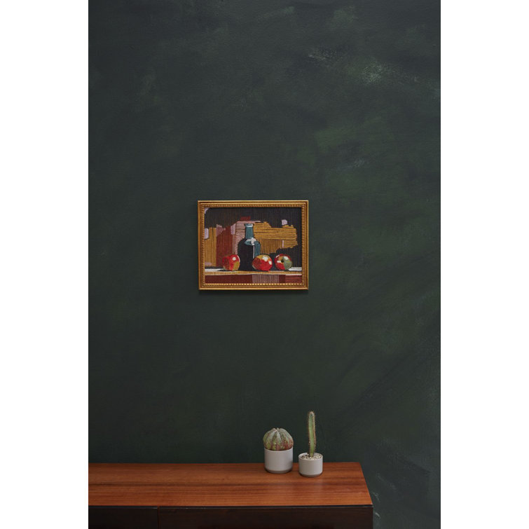 Embroidered Still-Life Wine Bottle and Fruit Print in Wooden Frame