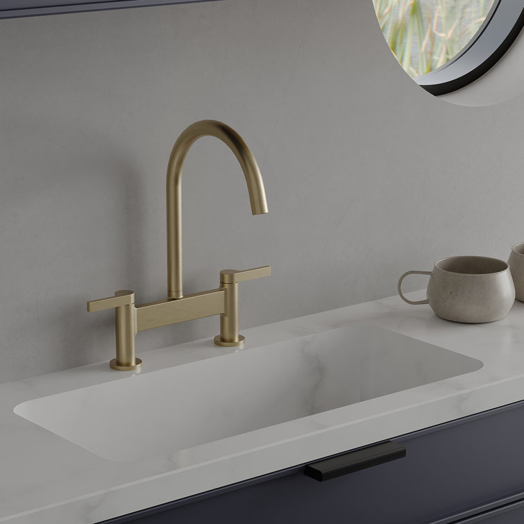 Brushed Gold Double Handle Bridge Kitchen Faucet