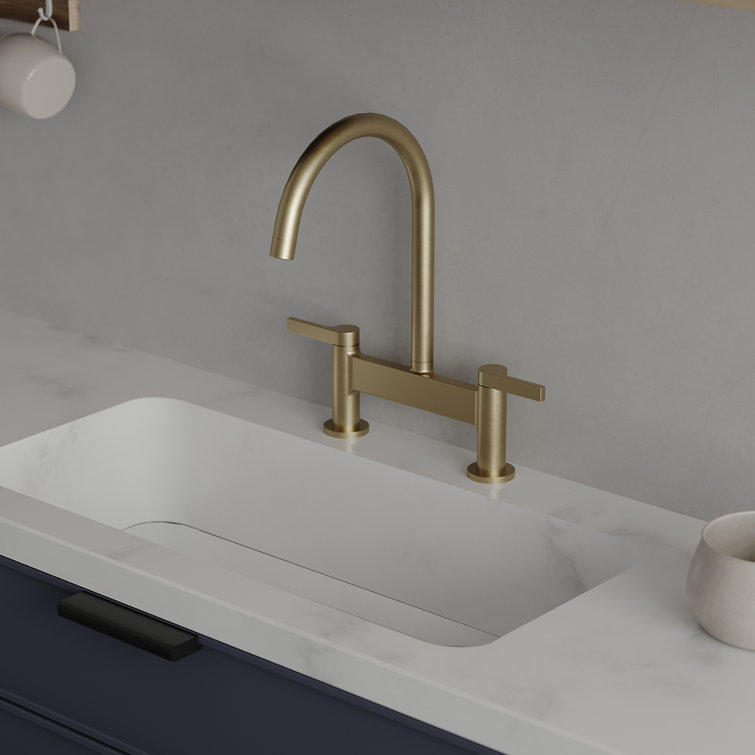 Brushed Gold Double Handle Bridge Kitchen Faucet