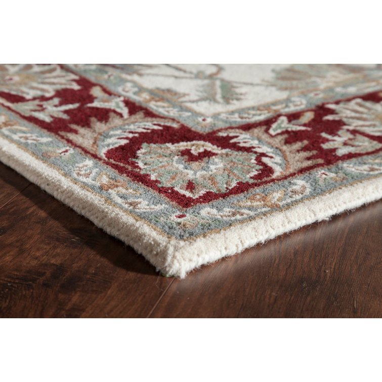 Handmade Ivory Burgundy Wool Oriental Area Rug, 5' x 8'