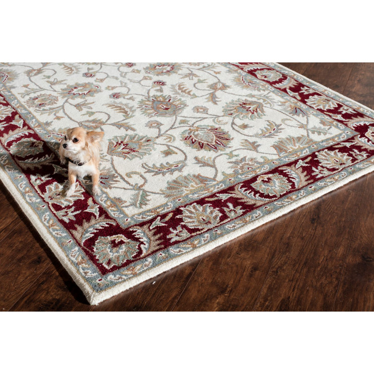 Handmade Ivory Burgundy Wool Oriental Area Rug, 5' x 8'