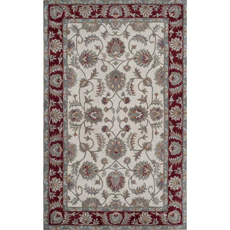Handmade Ivory Burgundy Wool Oriental Area Rug, 5' x 8'