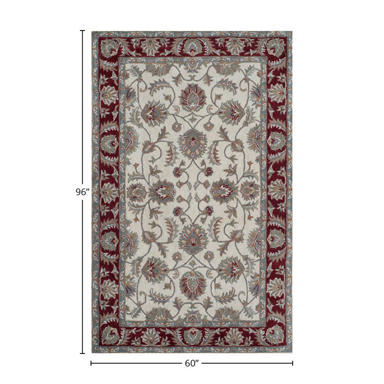 Handmade Ivory Burgundy Wool Oriental Area Rug, 5' x 8'