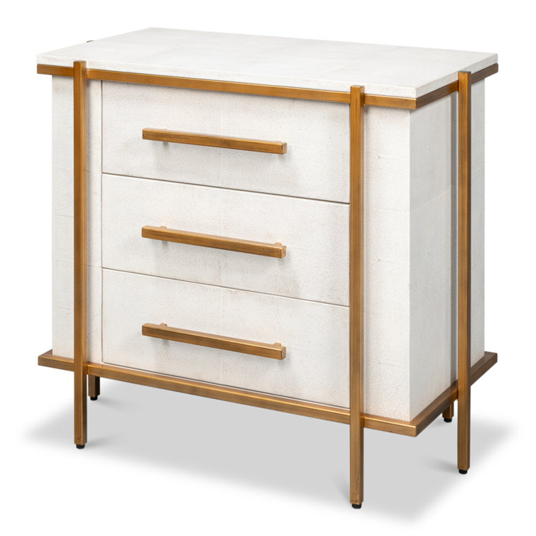 Blakely White Shagreen Leather 3-Drawer Nightstand with Gold Accents