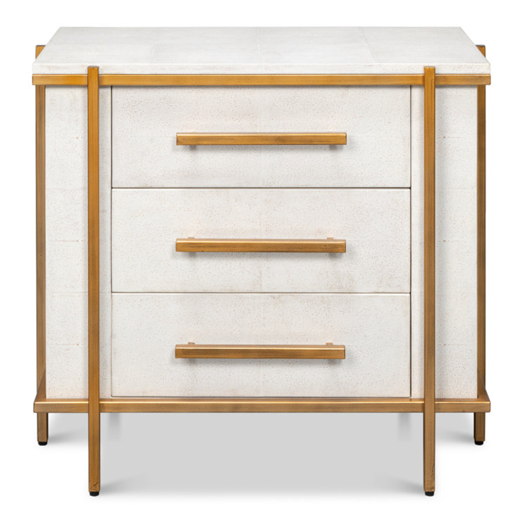 Blakely White Shagreen Leather 3-Drawer Nightstand with Gold Accents