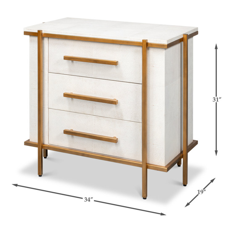 Blakely White Shagreen Leather 3-Drawer Nightstand with Gold Accents