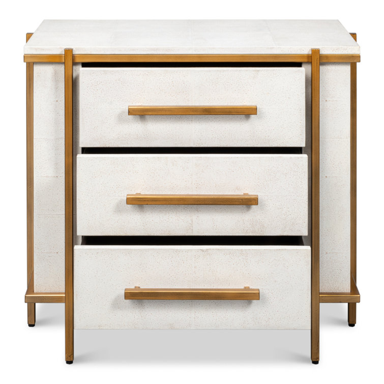 Blakely White Shagreen Leather 3-Drawer Nightstand with Gold Accents