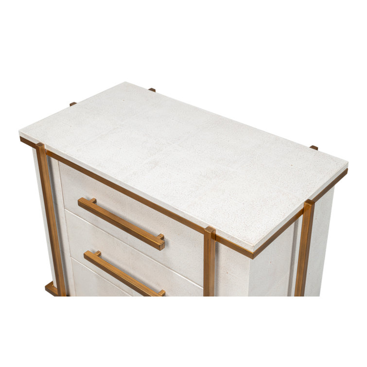 Blakely White Shagreen Leather 3-Drawer Nightstand with Gold Accents
