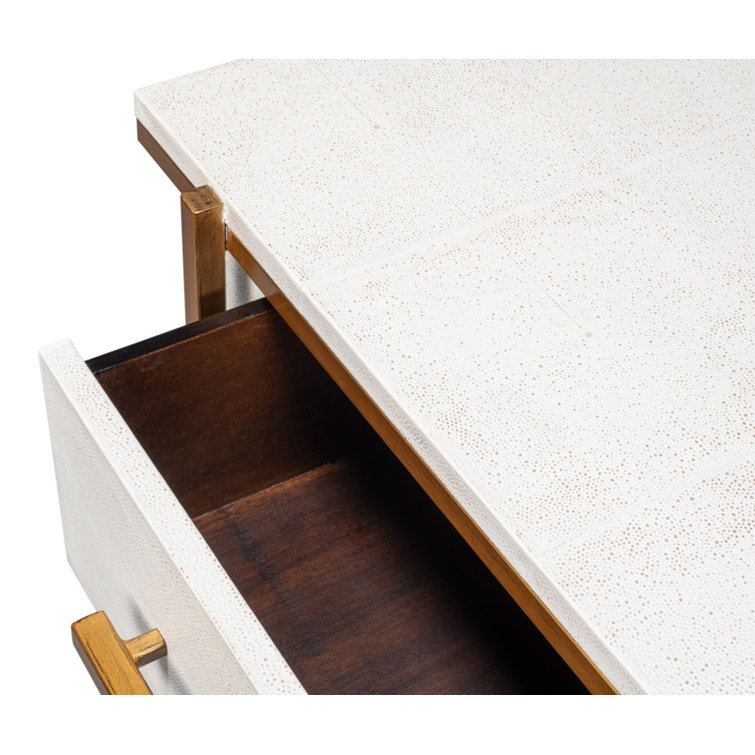 Blakely White Shagreen Leather 3-Drawer Nightstand with Gold Accents