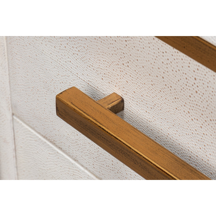Blakely White Shagreen Leather 3-Drawer Nightstand with Gold Accents