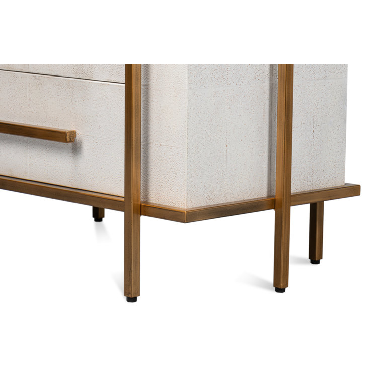 Blakely White Shagreen Leather 3-Drawer Nightstand with Gold Accents