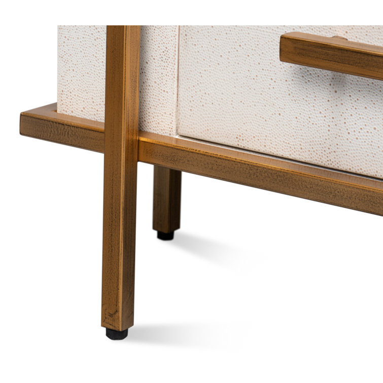 Blakely White Shagreen Leather 3-Drawer Nightstand with Gold Accents