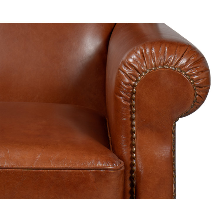 Brown Full Grain Leather Armchair with Rolled Arms
