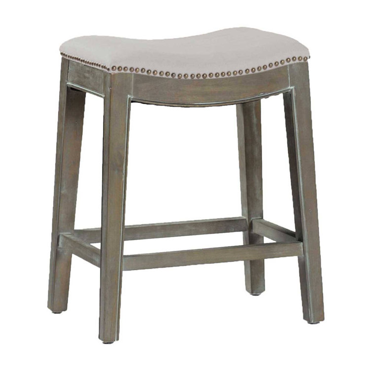 Vivian Antique Brass Nailhead 24'' Brown Oak Saddle Bar Stool