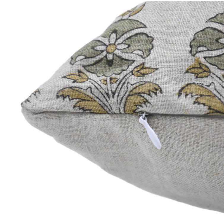Fabdivine Off White and Yellow Linen Floral Pillow Cover, 22" x 22"