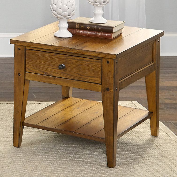 Rustic Brown Oak Rectangular End Table with Storage