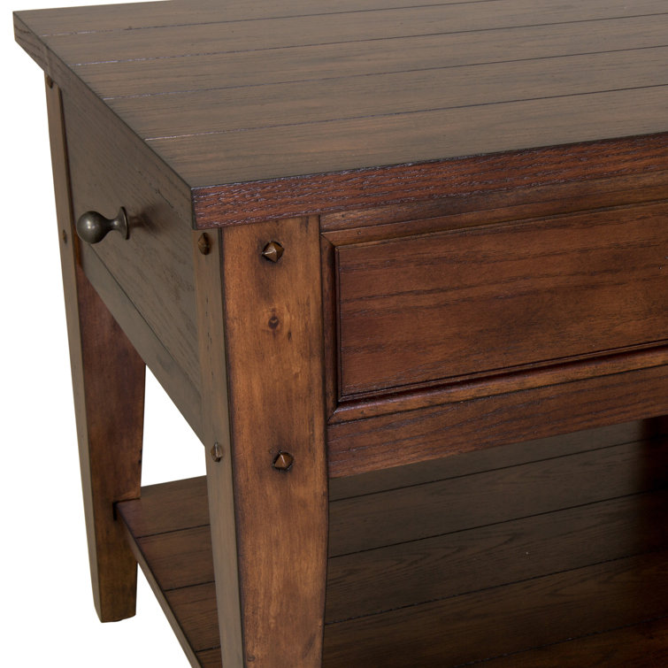 Rustic Brown Oak Rectangular Wood End Table with Storage