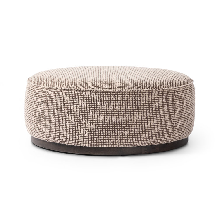 Taupe and Brown Round Upholstered Ottoman with Parawood Base