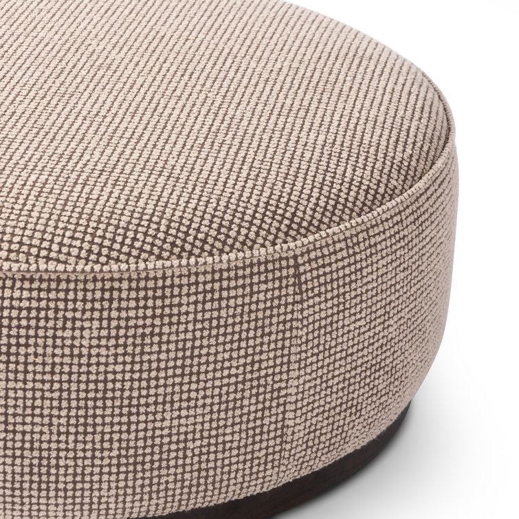 Taupe and Brown Round Upholstered Ottoman with Parawood Base