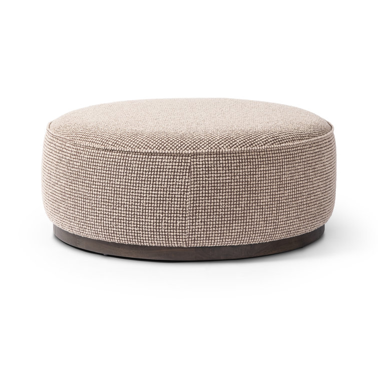 Taupe and Brown Round Upholstered Ottoman with Parawood Base