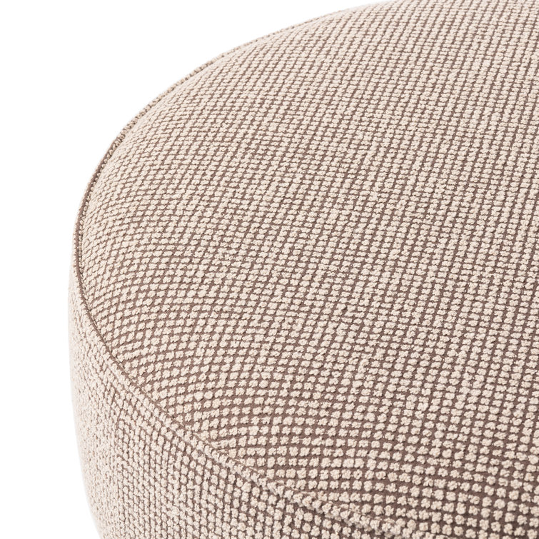 Taupe and Brown Round Upholstered Ottoman with Parawood Base