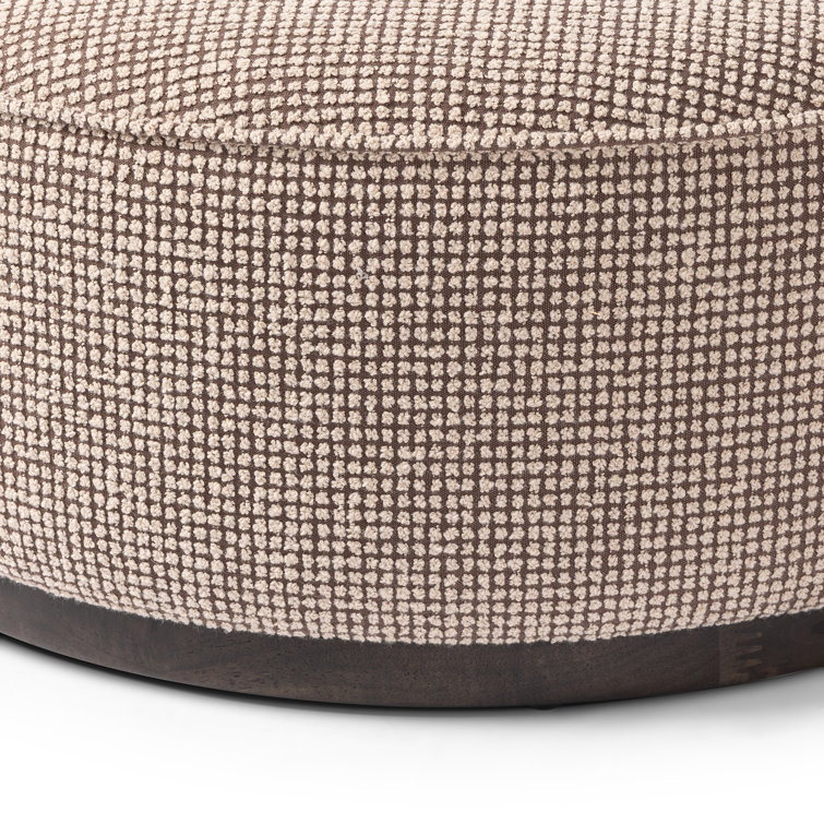 Taupe and Brown Round Upholstered Ottoman with Parawood Base