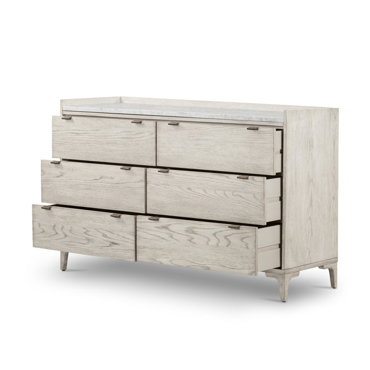 Elegant Vintage White Oak and Italian Marble 6-Drawer Dresser